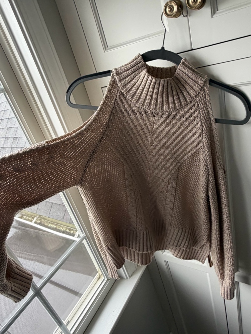 High Neck Cold-Shoulder Knit Sweater in Taupe